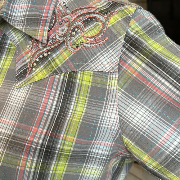 Wrangler Rock 47 snap western shirt steer yoke gray plaid bedazzle shoulder back - Picture 5 of 16